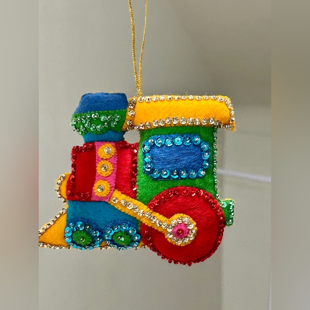 Mid Century Vtg Hand Crafted Sequined Locomotive Choo Choo Train Xmas Ornament